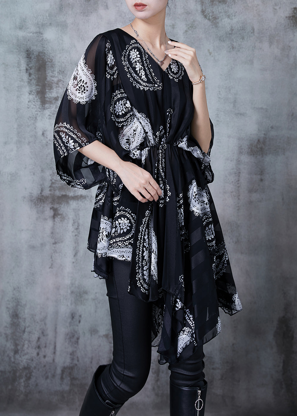 Black Asymmetrical Print Chiffon Shirt Summer