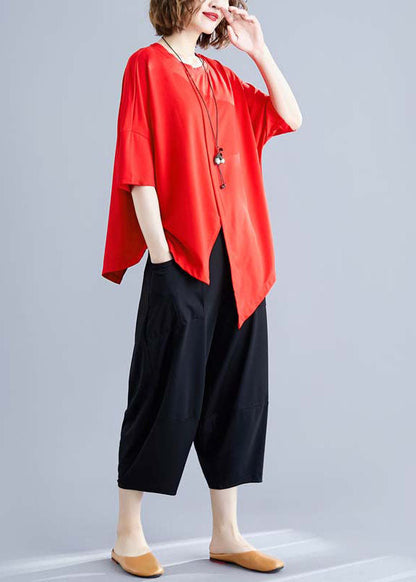 Red O-neck Asymmetrical Patchwork Cotton Two Piece Set Summer