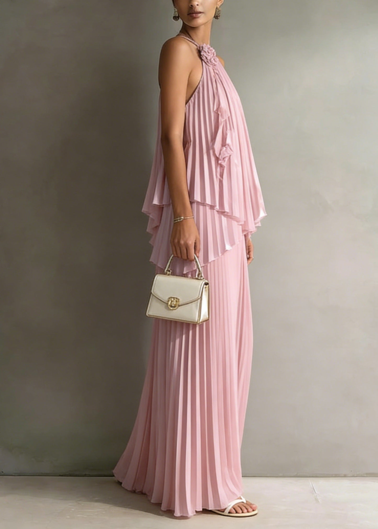 Holiday Style Pink Pleated Top and Skirts Chiffon Two Pieces Set Summer