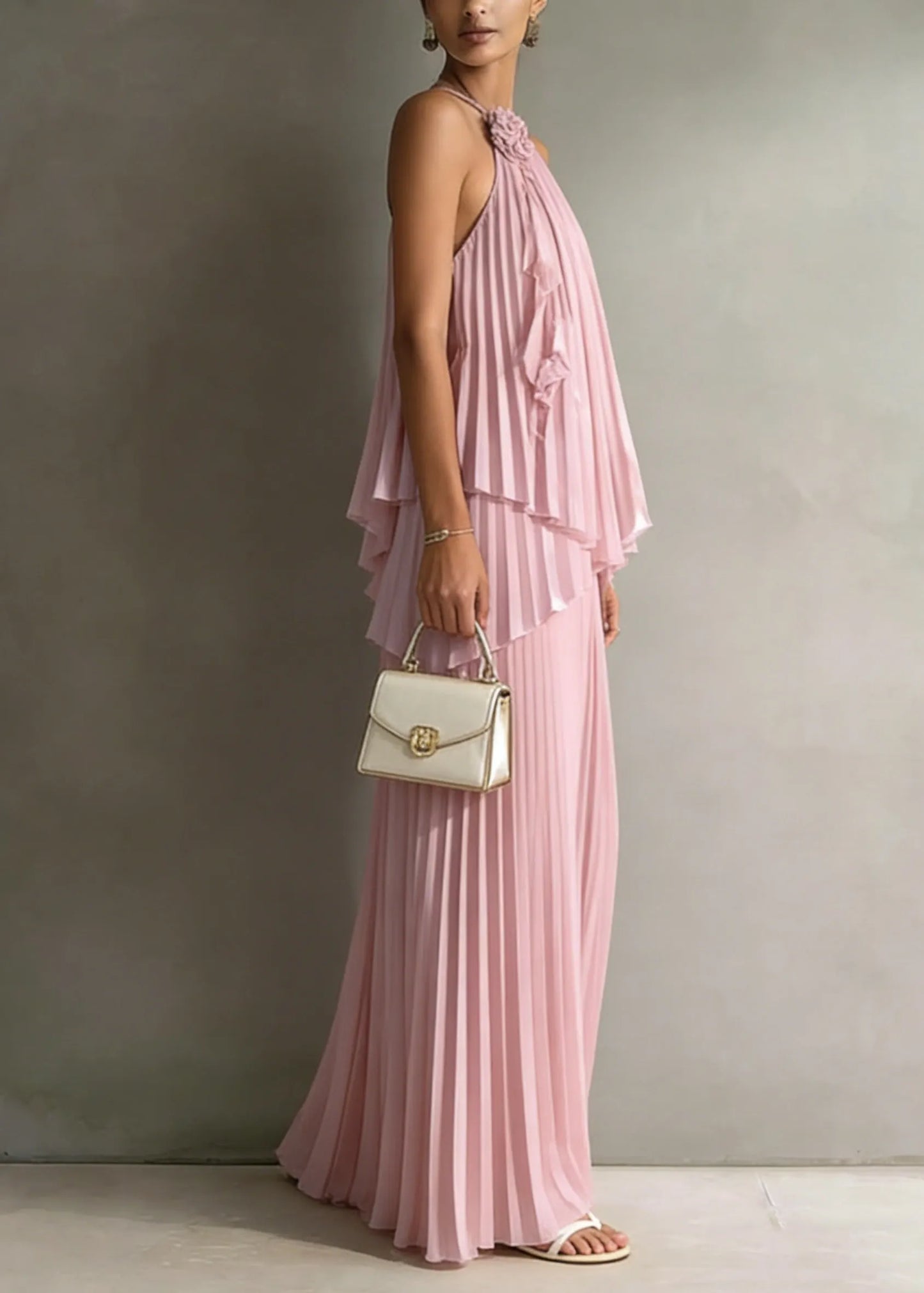 Holiday Style Pink Pleated Top and Skirts Chiffon Two Pieces Set Summer
