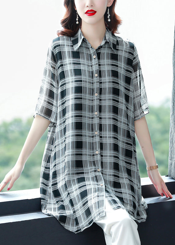 Classy Peter Pan Collar Button Wrinkled Plaid Chiffon Blouses Half Sleeve