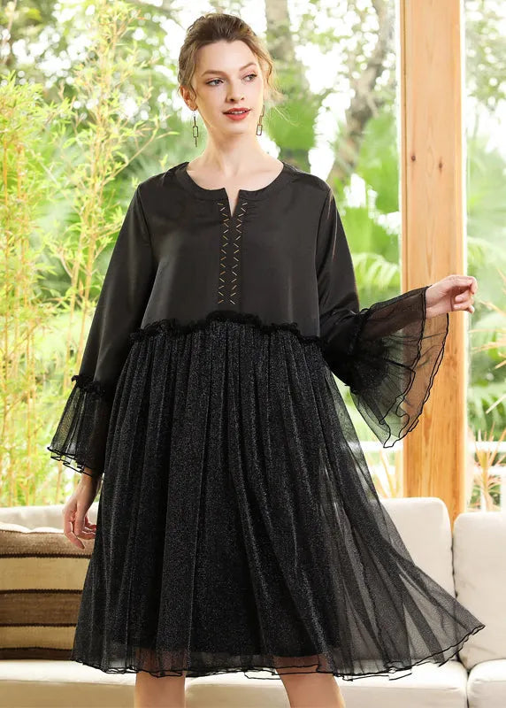 Silvery Sequins Exra Large Hem Patchwork Chiffon a Line Dress Spring