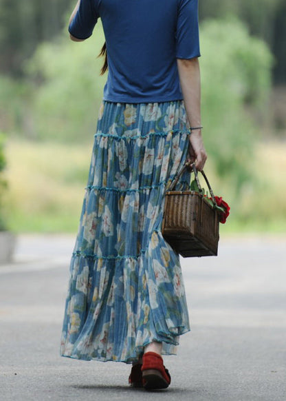 Blue Wrinkled Print Lace Up Exra Large Hem Silk Skirt Spring