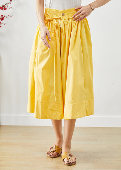 Yellow Elastic Waist Lace Up Cotton Skirts Fall