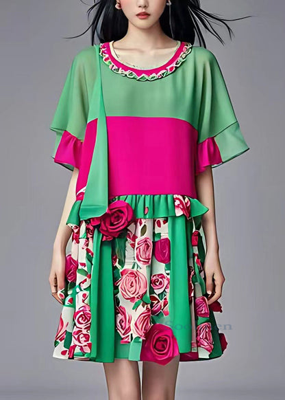 French Green O-neck Ruffled Patchwork Chiffon Mid Dress Summer