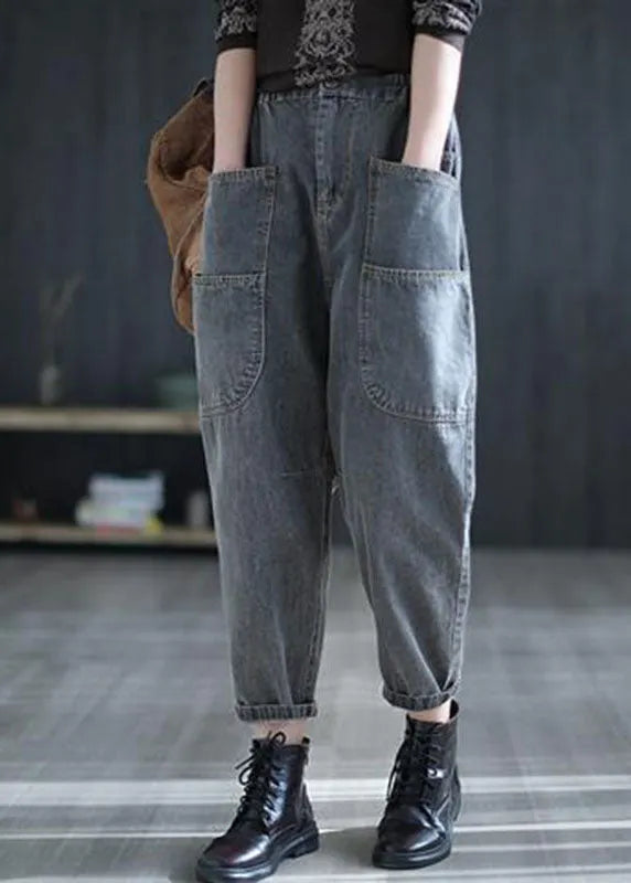 Grey High Waist Pockets Harem Fall Denim Pants