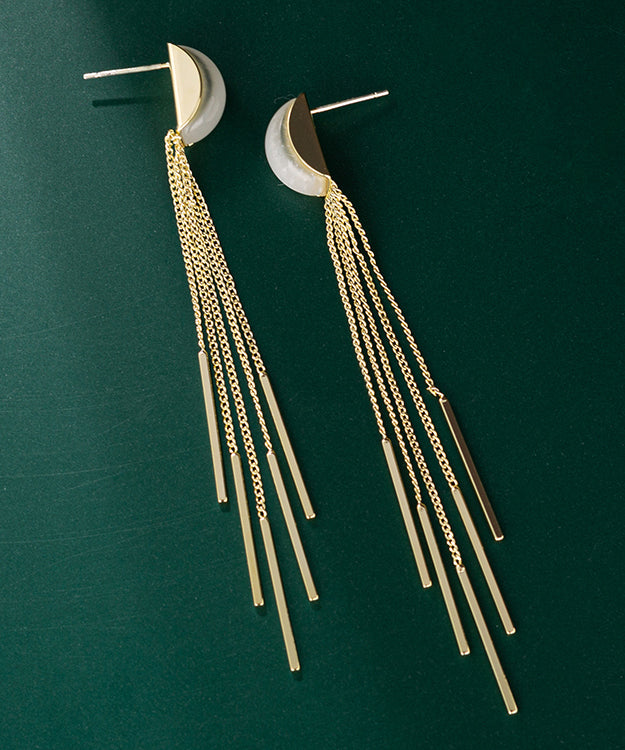Skinny Gold Sterling Silver Alloy Cymophane Tassel Drop Earrings
