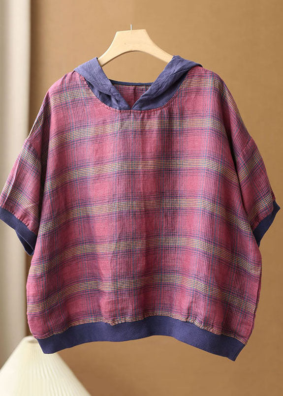 Rose Hooded Patchwork Striped Cotton Linen Top Short Sleeve