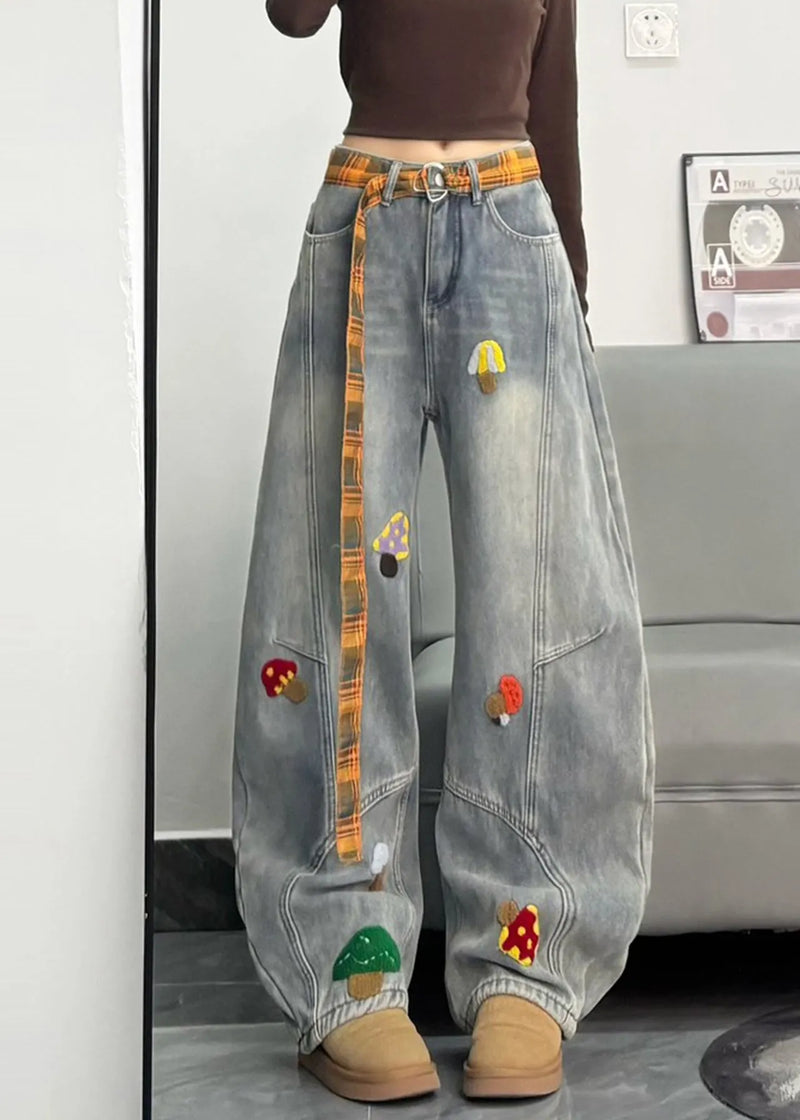 Fitted Grey Embroidered Patchwork Denimwarm Fleece Pants Winter