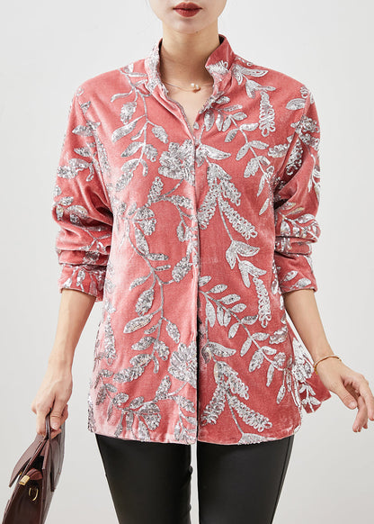Pink Stand Collar Leaf Sequins Silk Velour Shirt Spring