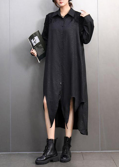 Black Peter Pan Collar Asymmetrical Lace Patchwork Long Shirts Dress Spring