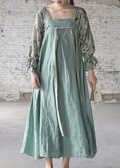 Light Blue Lace Up Print Patchwork Linen Long Dresses Long Sleeve