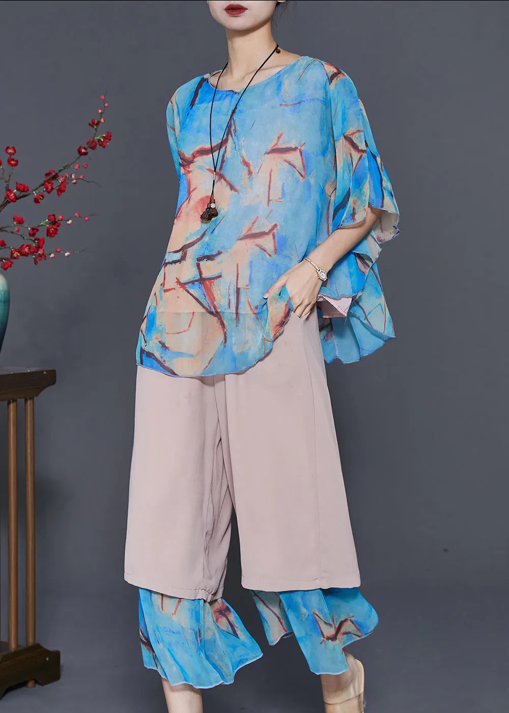 Blue Patchwork Chiffon Sets 2 Pieces Oversized Summer