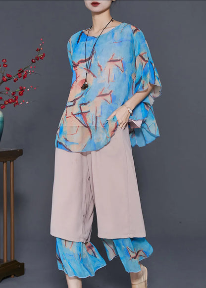 Blue Patchwork Chiffon Sets 2 Pieces Oversized Summer