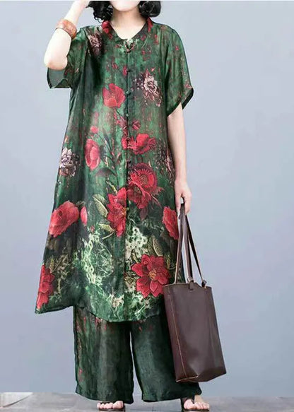 French Green Stand Collar Print Silk Dress and Wide Leg Pants Two Pieces Set Summer
