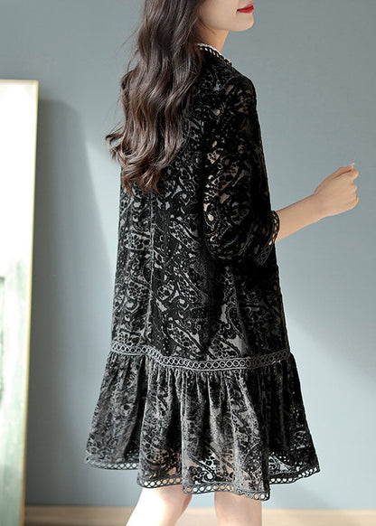 Black O-neck Crochet Velour Pleated Dresses Long Sleeve