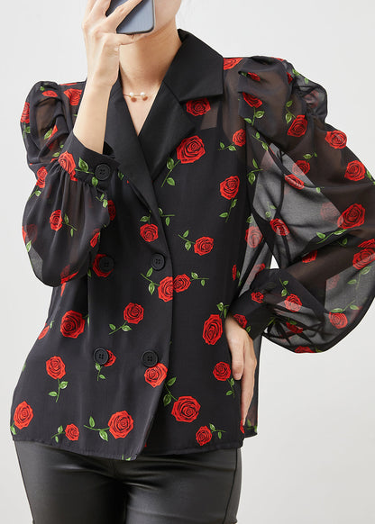 Boutique Black Double Breast Chiffon Shirt Puff Sleeve