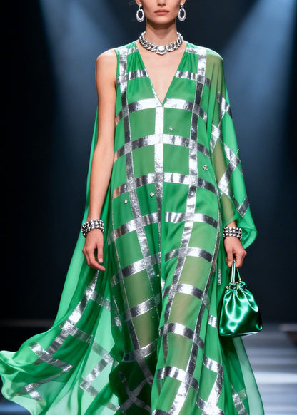 Green V Neck Print Chiffon Long Dress Summer