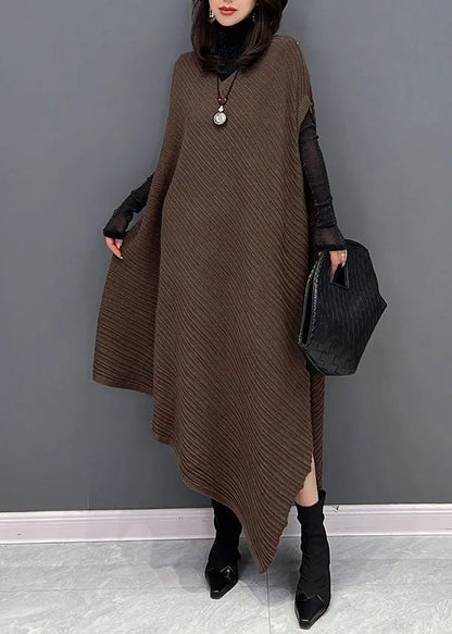 Chocolate Asymmetrical Design Wrinkled Cotton Holiday Dress Fall