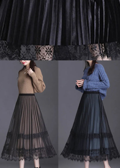 French Black Lace Patchwork Pleated Wear on Both Sides Fall Skirt