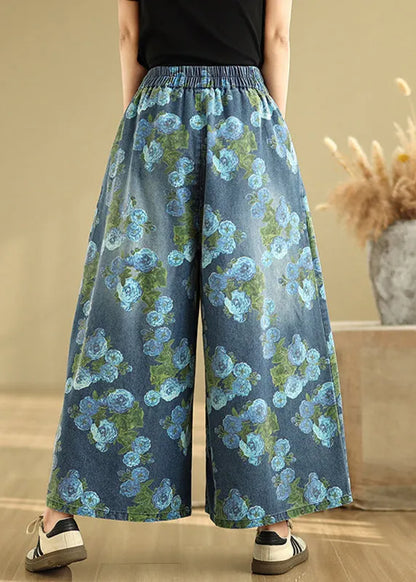 Blue Print Pockets Denim Drop Wide Leg Pants