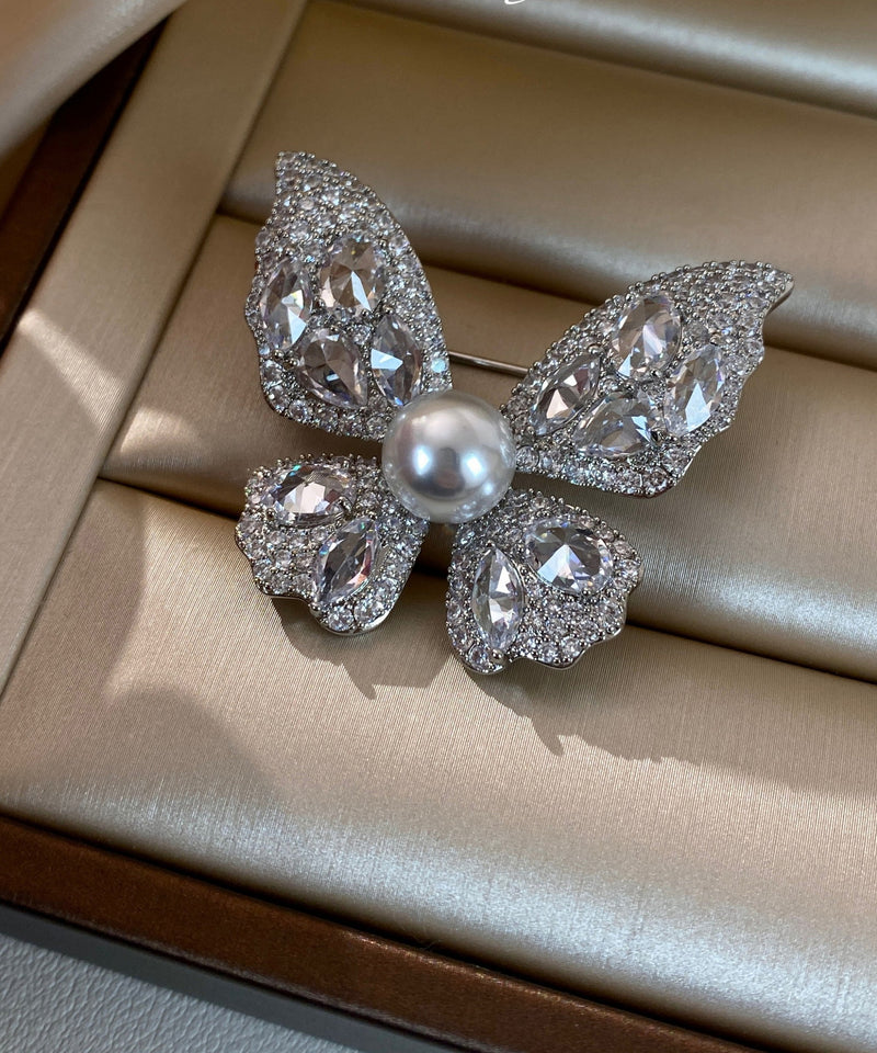 Light Zircon Pearl Butterfly Brooches
