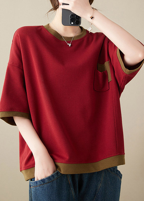 Loose Red O-neck Patchwork Tops Half Sleeve