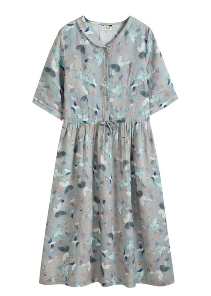 Grey Blue Peter Pan Collar Tie Waist Print Linen Vacation Dresses Half Sleeve