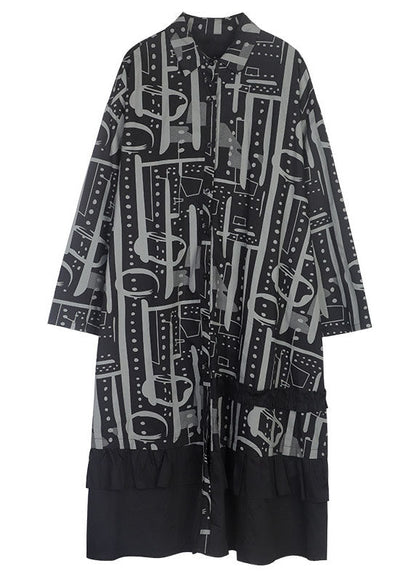 Black Peter Pan Collar Print Cotton Shirts Dresses Spring