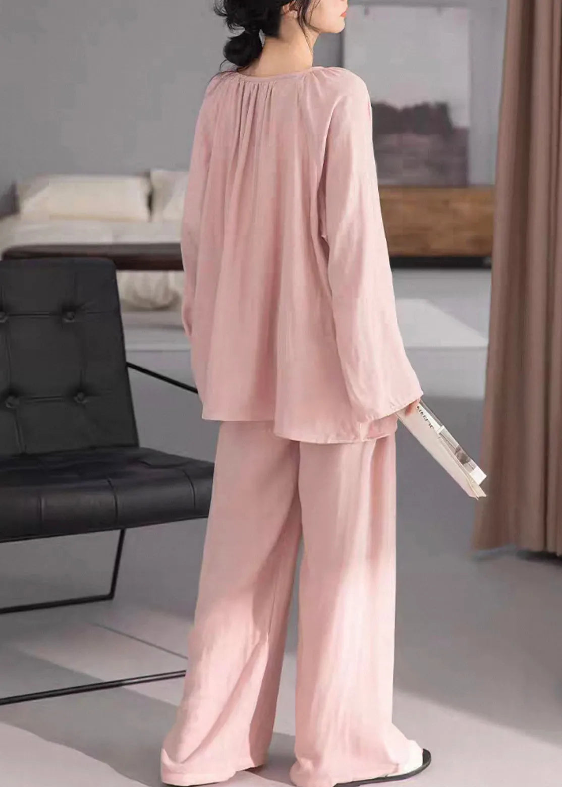 Loose Pink Wrinkled Cotton Pajamas Two-piece Set Fall