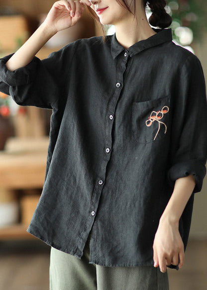 Red Peter Pan Collar Embroideried Button Linen Shirt Long Sleeve