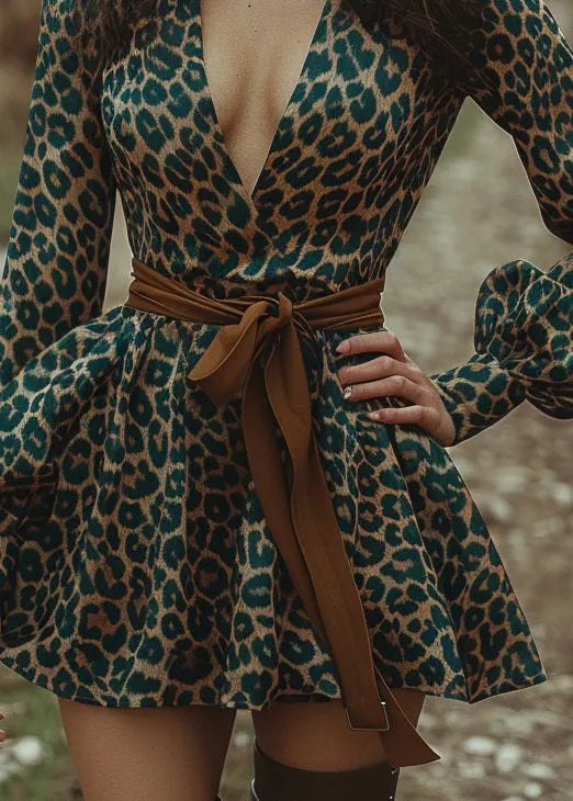 Green Leopard V Neck Print Cotton Mini Dress Lantern Sleeve