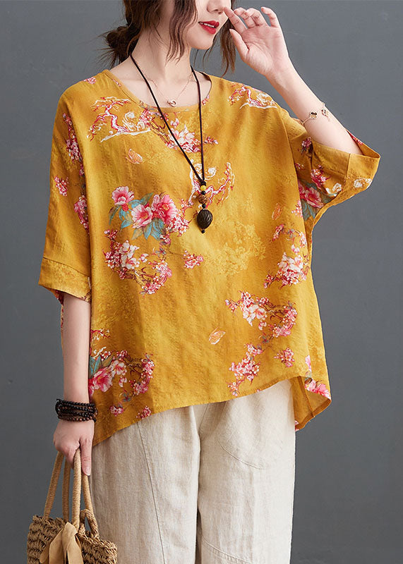 Yellow O-neck Print Linen Tank Tops Half Sleeve