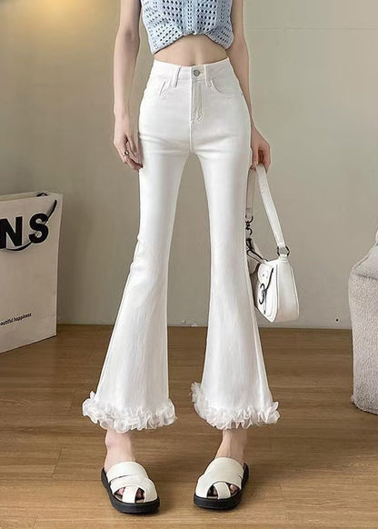 White Ruffled Patchwork Denim Flare Bottoms Fall