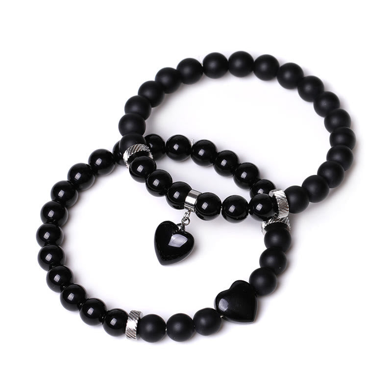 Buddha Stones 2pcs Black Onyx Crystal Stone Love Heart Protection Support Couple Bracelet