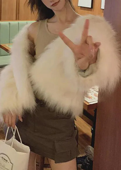 New White O Neck Leather and Fur Coats Spring