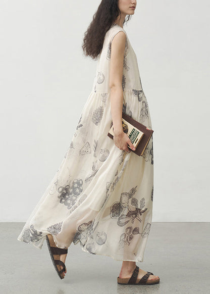 Handmade O Neck Print Patchwork Silk Dresses Sleeveless