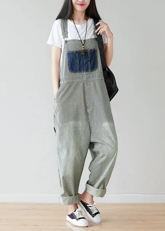 Simple Grey Pockets Patchwork Striped Jumpsuits Spring