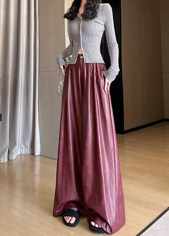 New Red Pockets High Waist Faux Leather Wide Leg Pants Spring