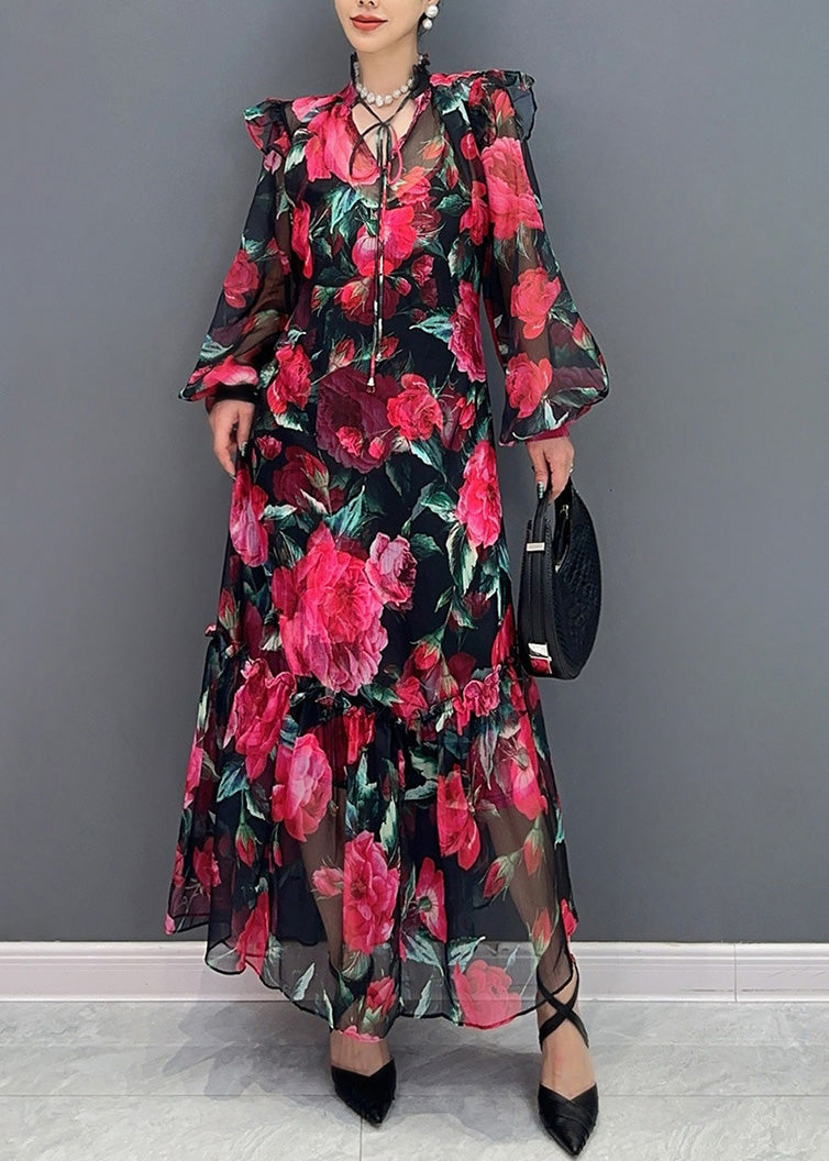 Red Tie Lace Print Chiffon Maxi Dresses Fall