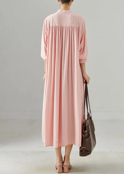 Style Pink Stand Collar Striped Cotton Maxi Dress Spring