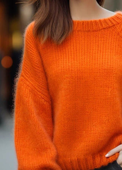 Simple Orange O Neck Cozy Cotton Knit Sweaters Long Sleeve