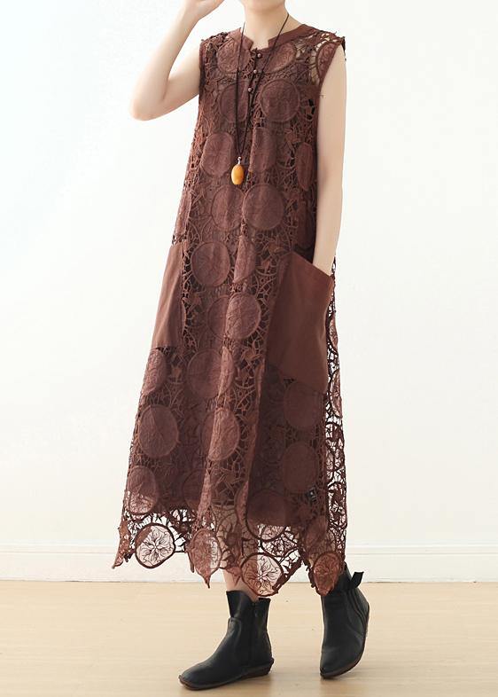 Organic Chocolate Sleeveless Cotton Tunics O Neck Lace Summer Dresses