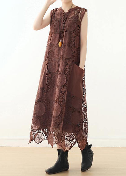 Organic Chocolate Sleeveless Cotton Tunics O Neck Lace Summer Dresses