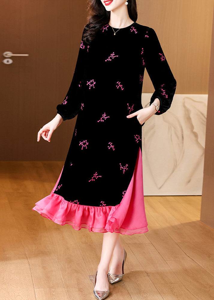 Italian Black Embroidered Pockets Patchwork Silk Velour Long Dresses Spring