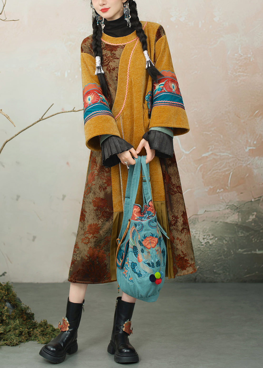 Chinese Style Yellow Embroidered Wrinkled Patchwork Chenille Long Dress Spring