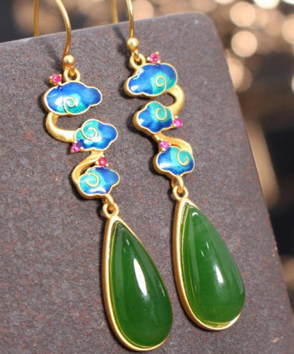 Green Sterling Silver Water Drop Hetian Jade Drop Earrings