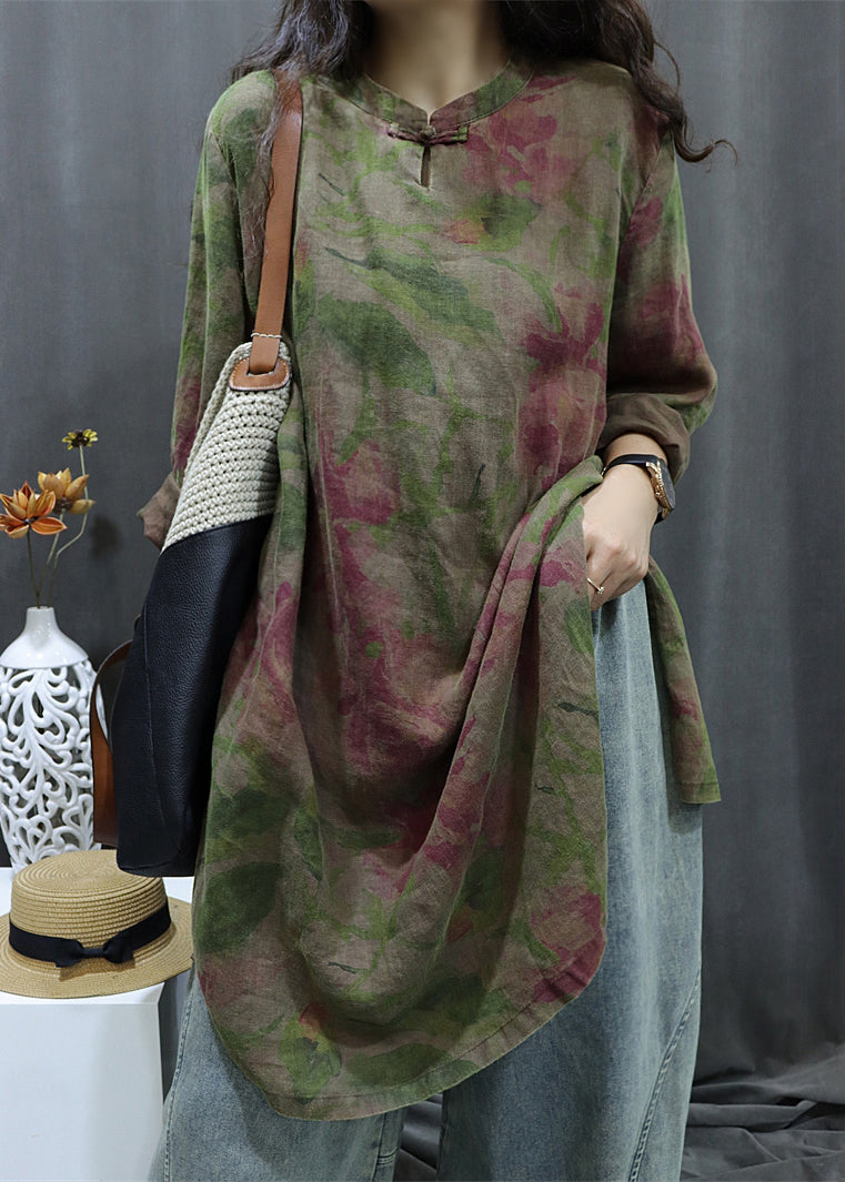 Black Print Button Linen Shirts Dress Bracelet Sleeve Fall