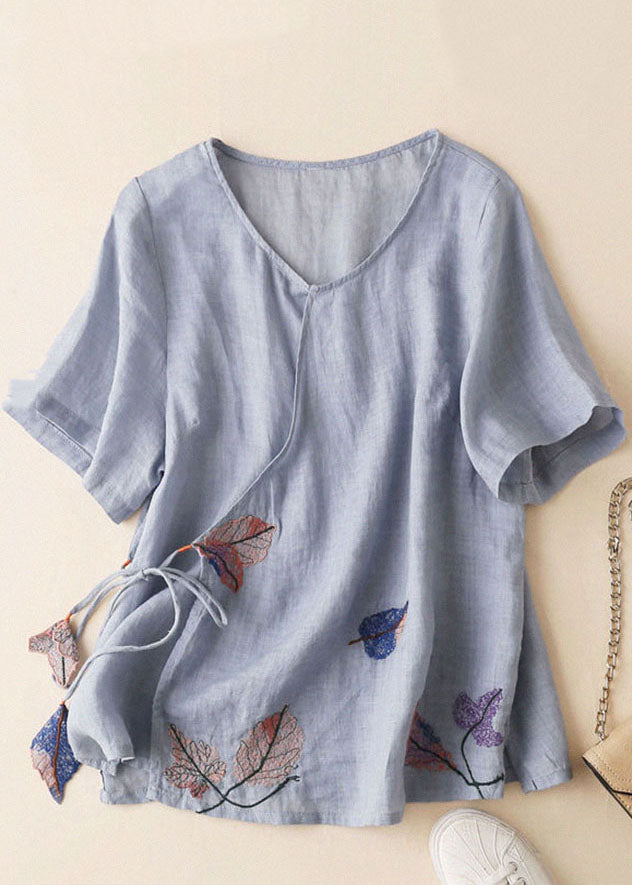 Light Blue V Neck Embroideried Tie Waist Cotton Linen Top Short Sleeve