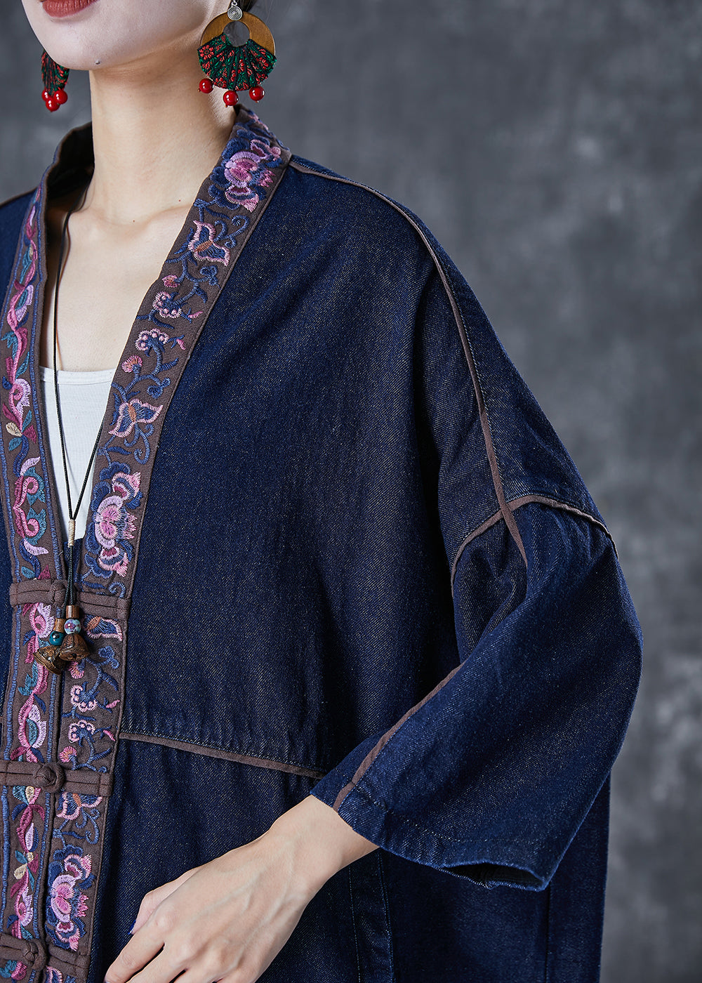 Navy Embroideried Chinese Button Denim Trench Fall